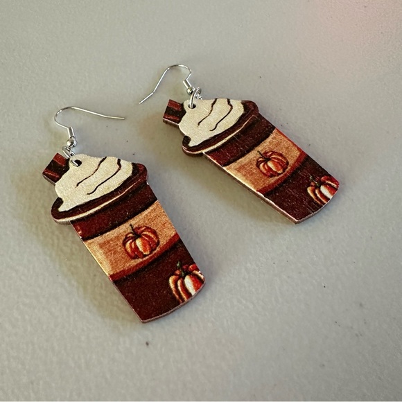Pumpkin Spice Latte Wooden Earrings ☕️🎃🍁 - Picture 3 of 7